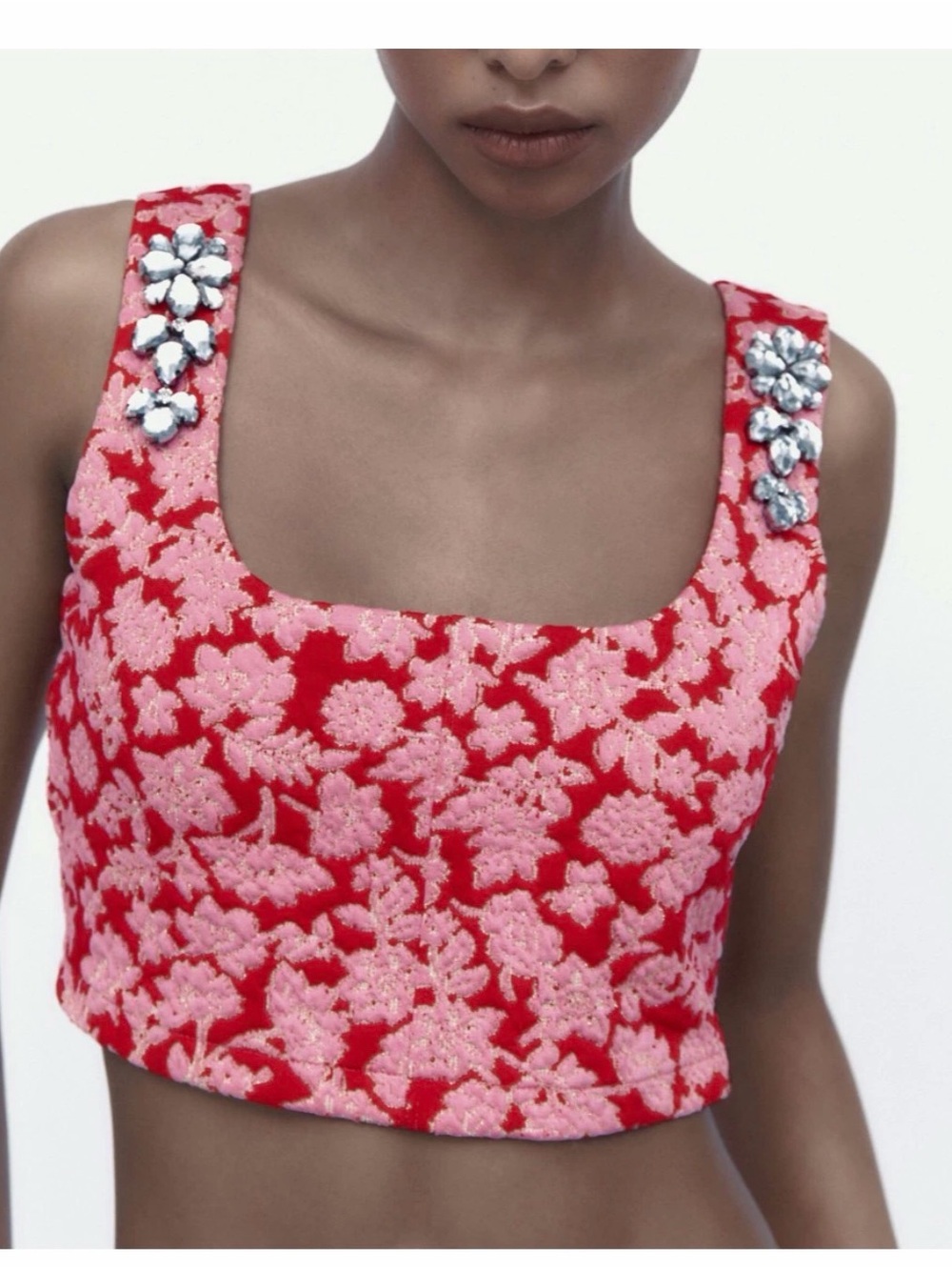 Zara Sold out Embellished Pink Floral Crop Top - Women